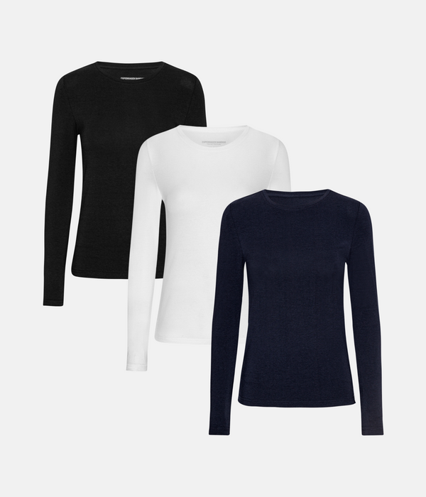 3 pak langærmet bambus T-shirt i sort/hvid/navy fra Copenhagen Bamboo
