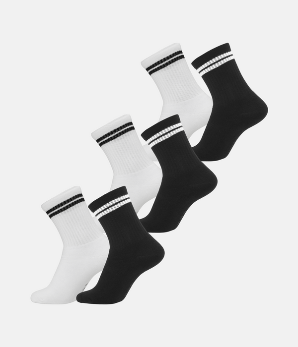 6 par bambus tennissokker sort med hvide striber/hvid med sorte striber