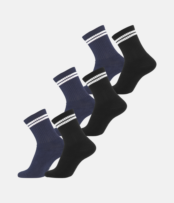 6 par bambus tennissokker sort med hvide striber/navy med hvide striber