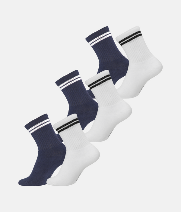 6 par bambus tennissokker hvide med sorte striber/navy med hvide striber