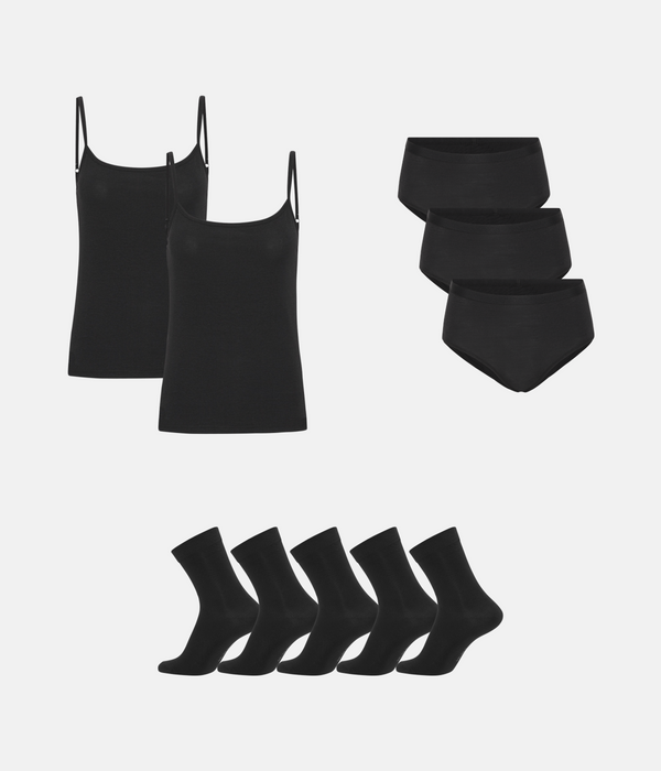 Bambus Pakke - Toppe med Tynde Stroppe & Maxi Trusser & Strømper - Sort