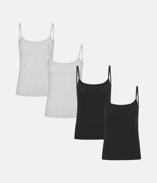 4 pak bambus toppe med tynde stroppe sort/grå