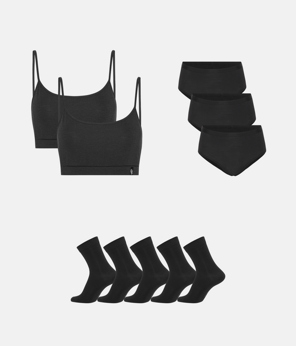Bambus Pakke - BH & Maxi Trusser & Strømper - Sort