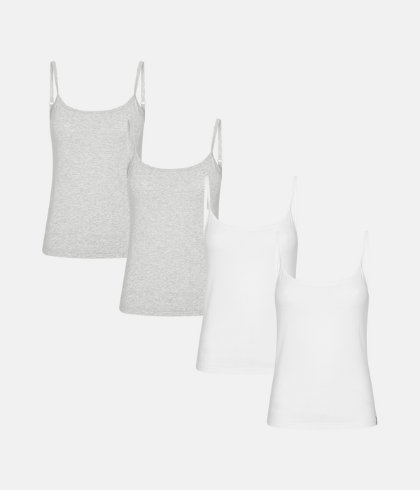 4 pak bambus toppe med tynde stroppe hvid/grå