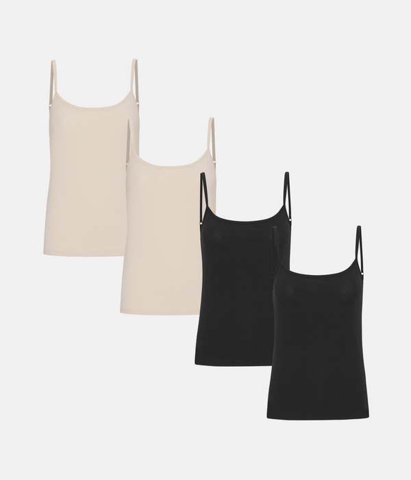 4 pak bambus toppe med tynde stroppe sort/cream