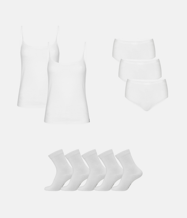 Bambus Pakke - Toppe med Tynde Stroppe & Maxi Trusser & Strømper - Hvid