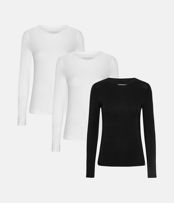 3 pak bambus langærmet T-shirt hvid/hvid/sort